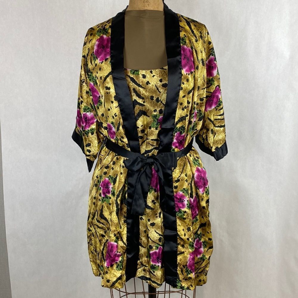 Santé Intimates Slip Nightgown and Robe Set Leopard Print Floral Sz Small